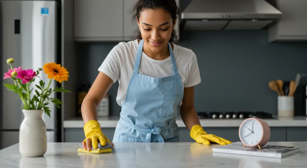 A person doing kitchen cleaning and decor