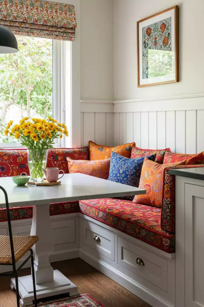 Banquette Seating with Indian Fabric Cushions