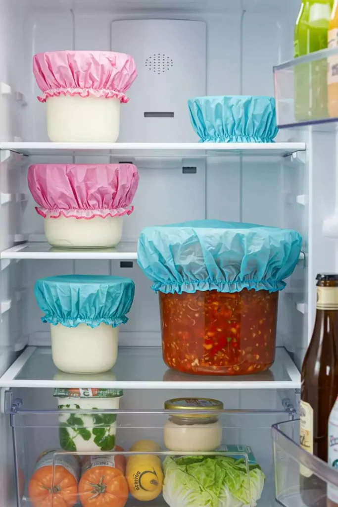 Repurpose Shower Caps for Fridge Organization