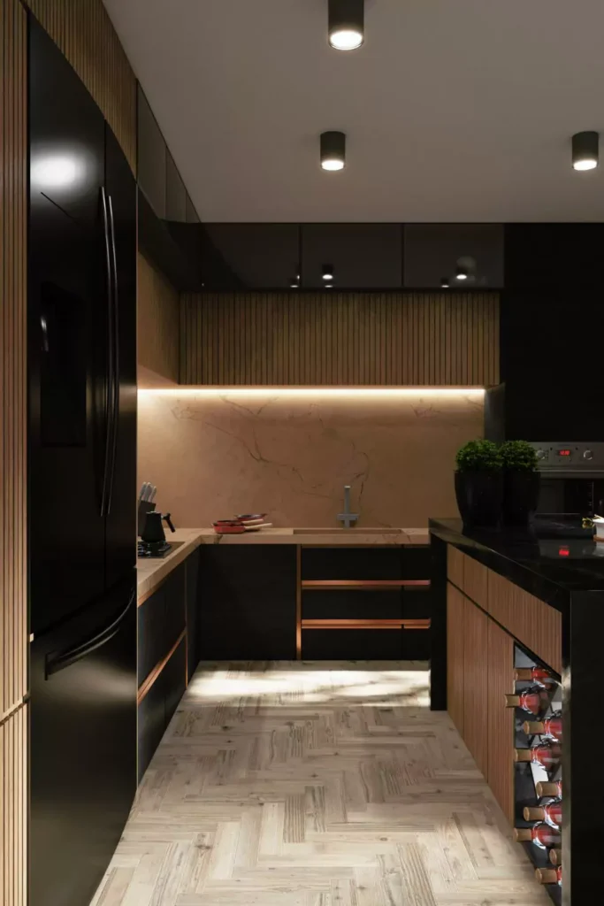 Pair Black Cabinets with Light Oak for a Balanced Look