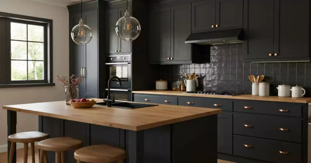 black and natural wood kitchen